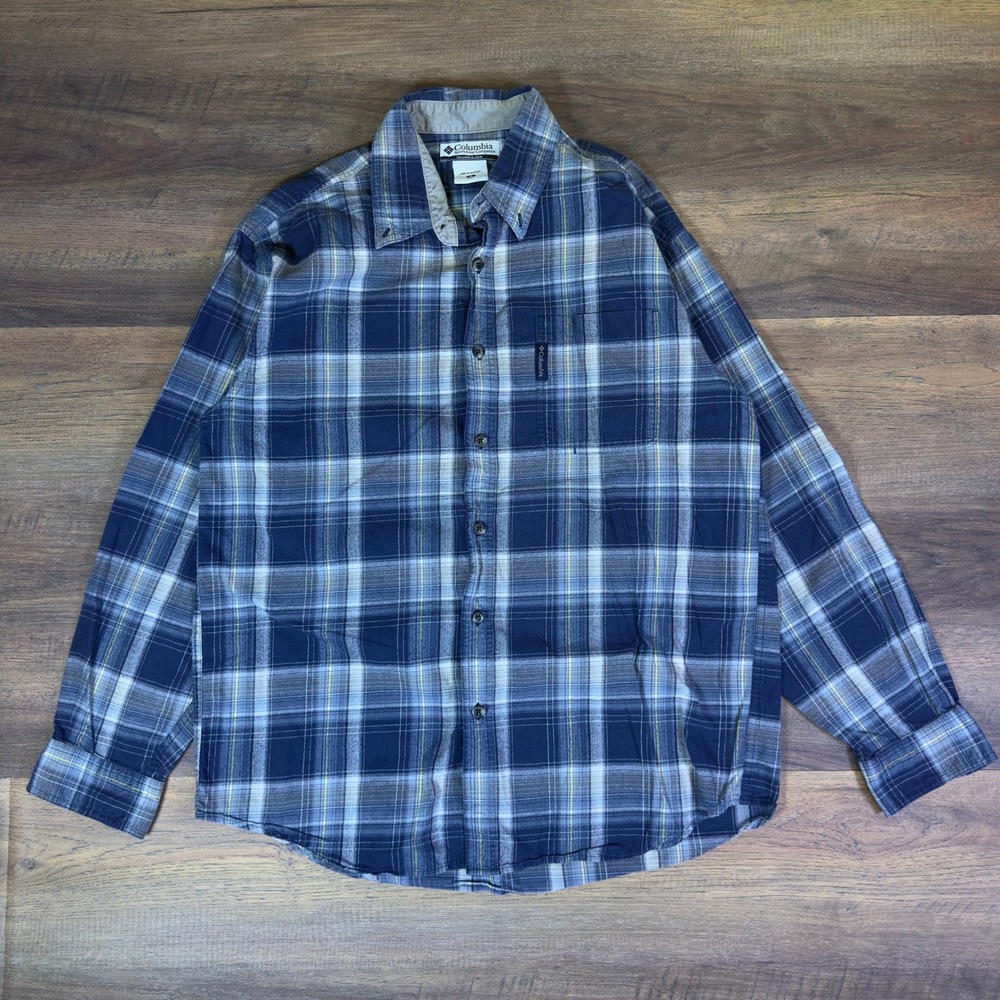 Columbia Mens Plaid Long Sleeve Button Down Shirt Blue Grey Yellow‎ Medium